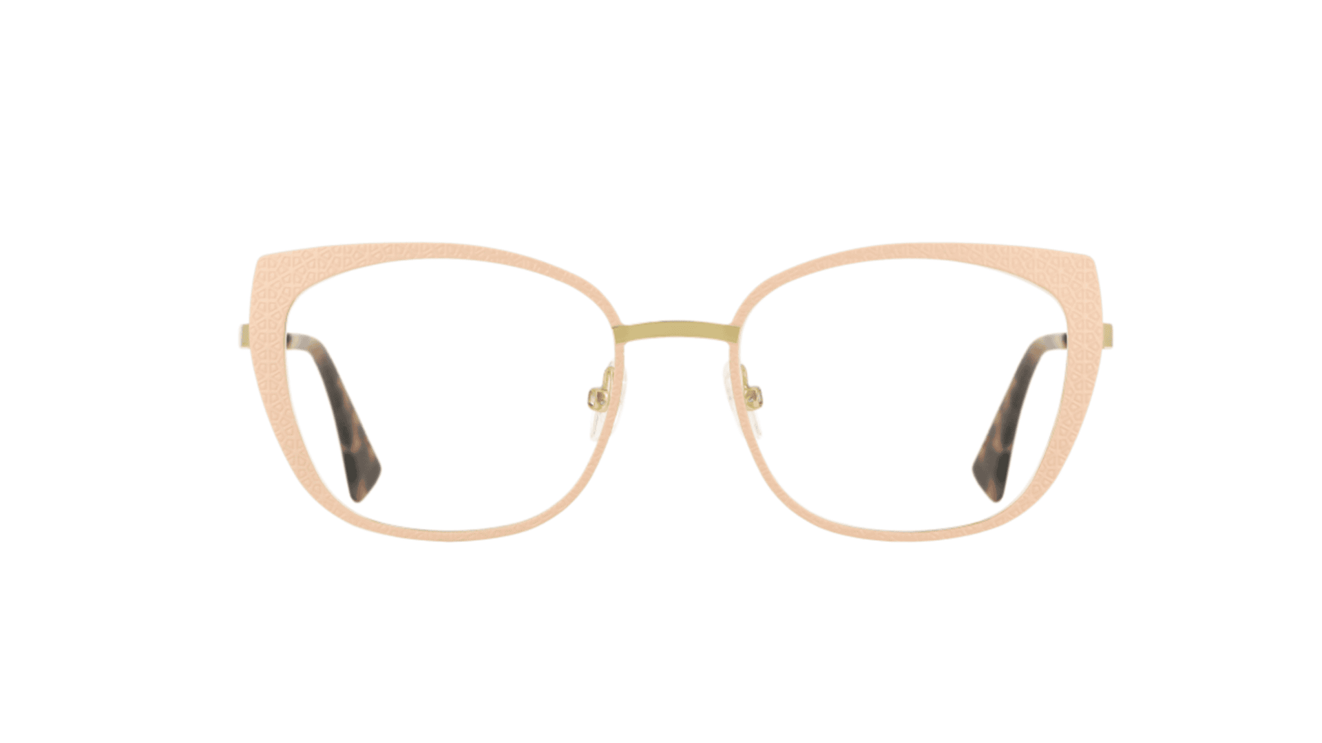 A pair of cat-eye eyeglasses with light peach-colored frames, gold bridge, and tortoiseshell-patterned temple tips, displayed on a white background.