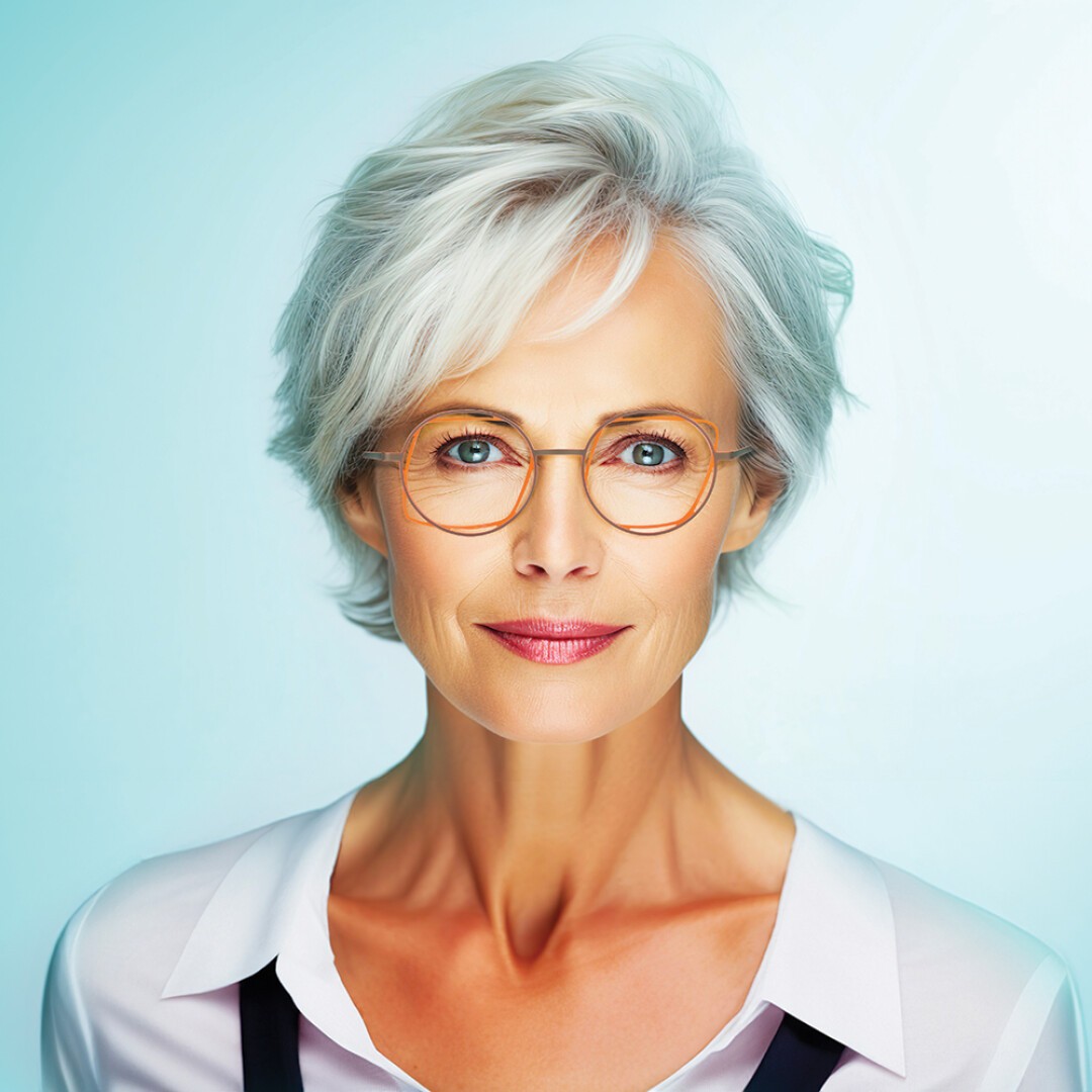 A confident older woman with short, stylish gray hair and round glasses smiles slightly. She is wearing a white blouse against a soft blue background.