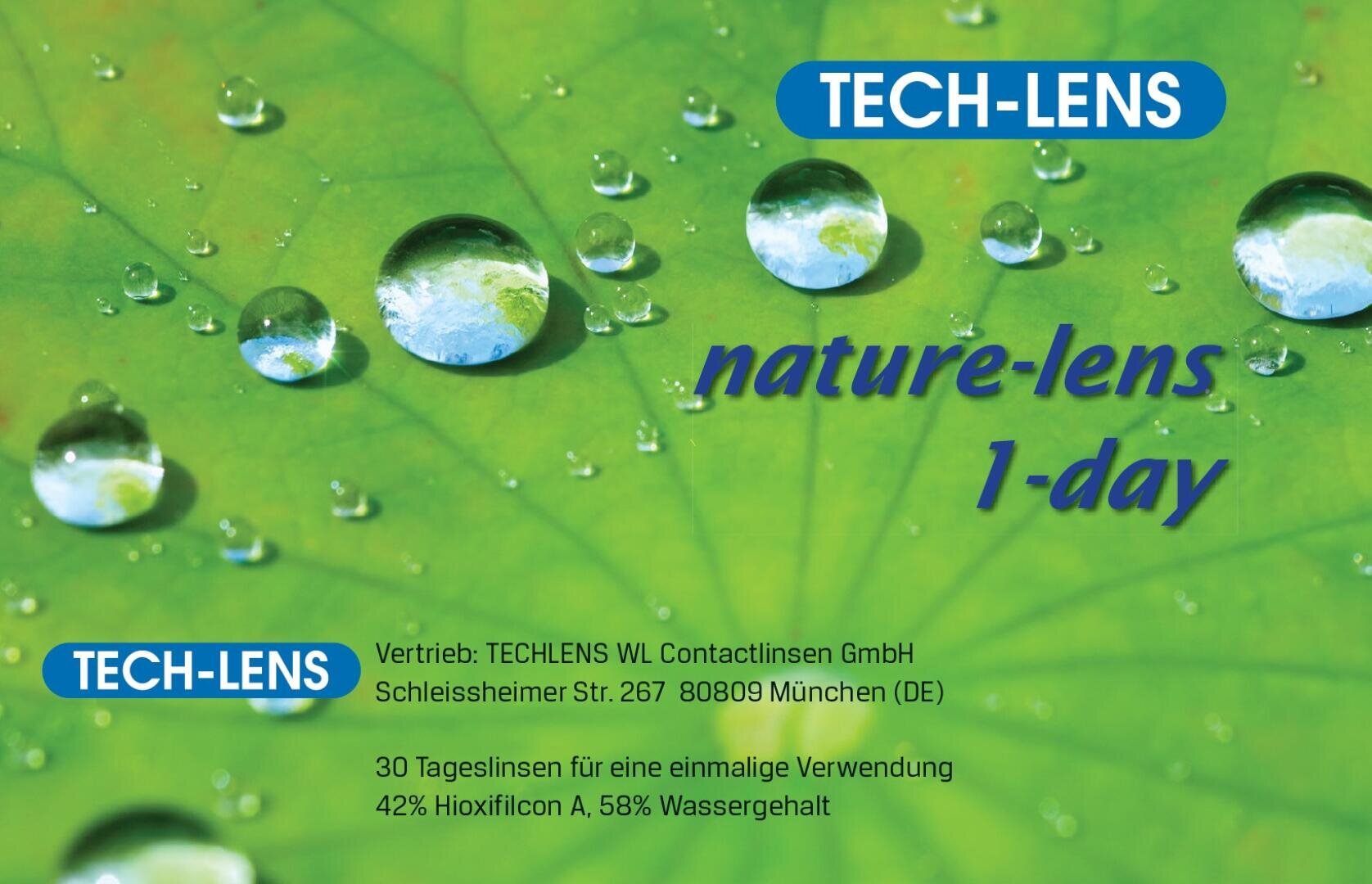 Nahaufnahme von Wassertropfen auf einem grünen Blatt, über dem Bild sind der Text „TECH-LENS nature-lens 1-day“ und Produktdetails für Tageskontaktlinsen aufgedruckt.
