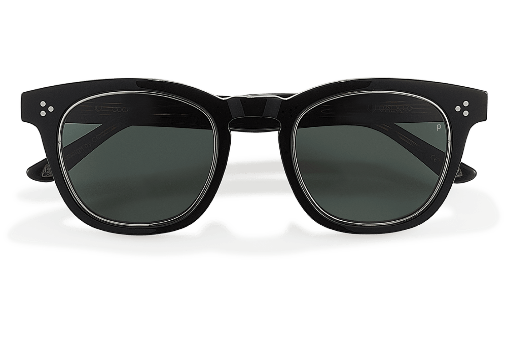 A pair of black-framed sunglasses with dark tinted lenses, viewed from the front against a white background.