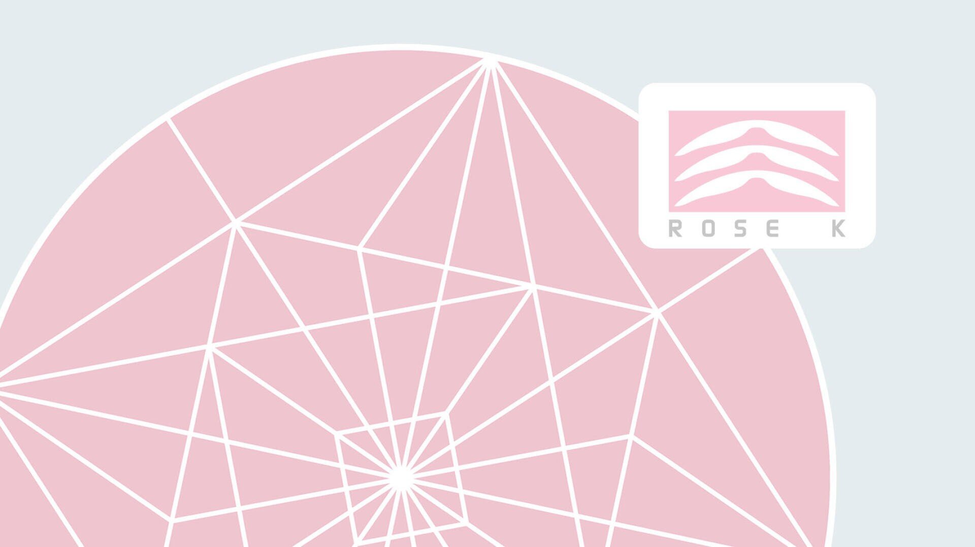 Ein geometrisches rosafarbenes und weißes netzartiges Muster auf der linken Seite, mit einem rechteckigen Logo mit drei rosafarbenen geschwungenen Linien und dem Text ROSE K auf der rechten Seite. Der Hintergrund ist blassblau.