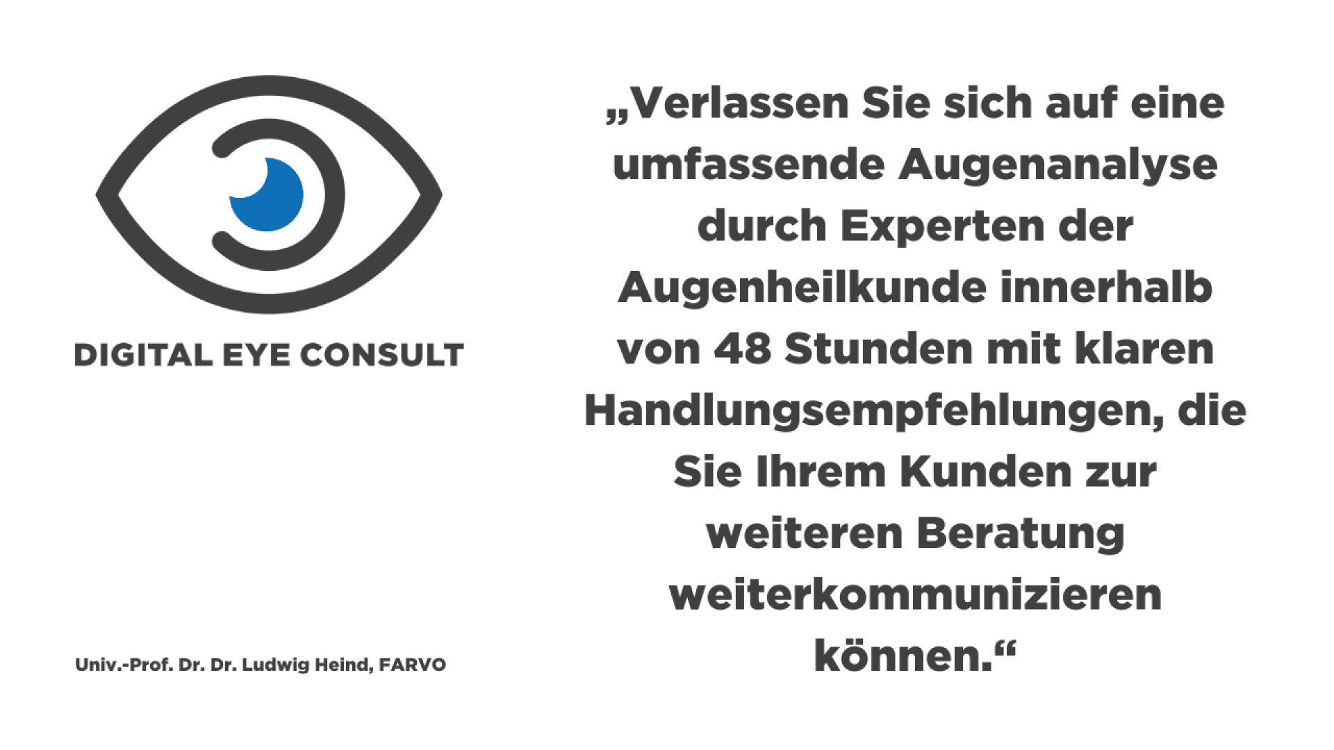 Ein schwarz-blaues Augenlogo mit dem Text DIGITAL EYE CONSULT auf der linken Seite. Auf der rechten Seite ein Zitat über fachkundige Augenanalyse und Empfehlungen innerhalb von 48 Stunden. Name: Univ.-Prof. Dr. Dr. Ludwig Heind, FARVO.