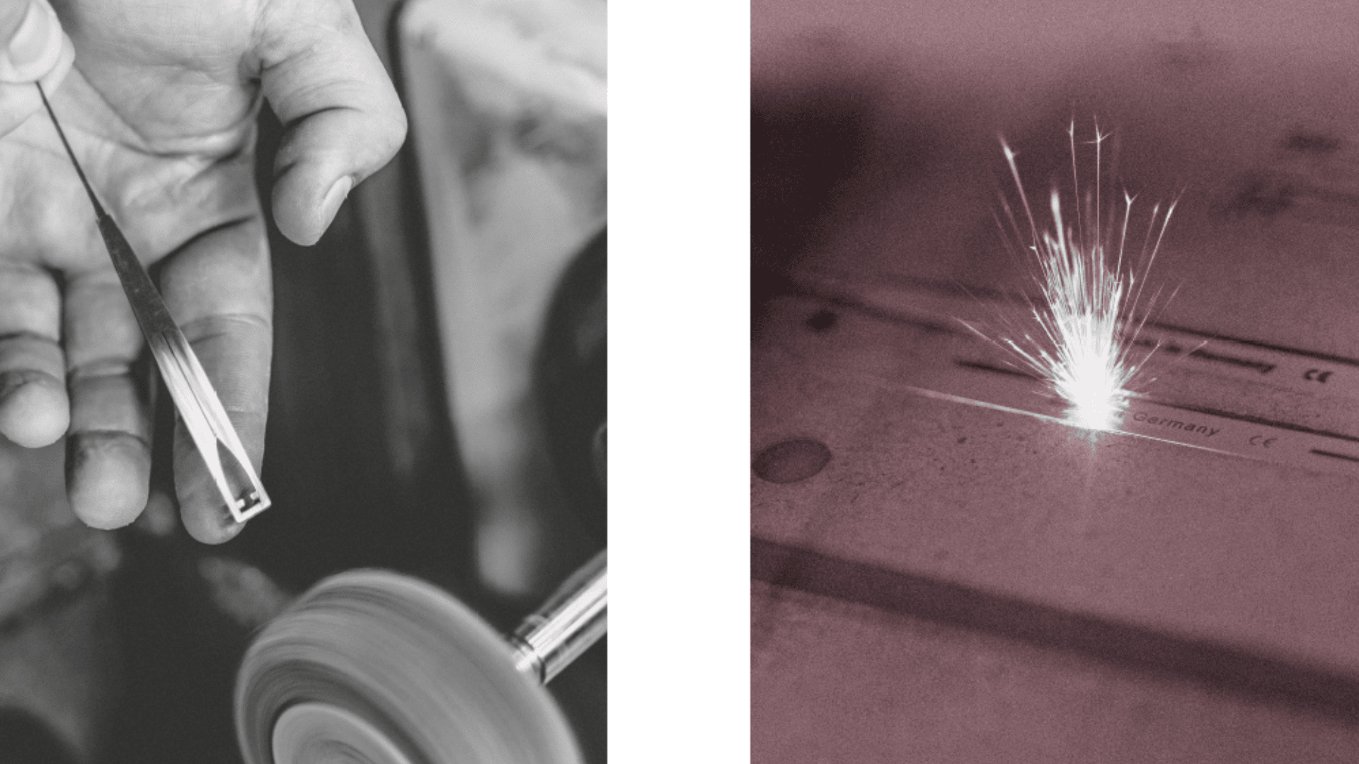 Geteiltes Bild: Links hält eine Hand eine Pinzette neben einer rotierenden Polierscheibe, rechts fliegen Funken, als ein Laser eine mit „Deutschland“ gekennzeichnete Metalloberfläche graviert oder schneidet.