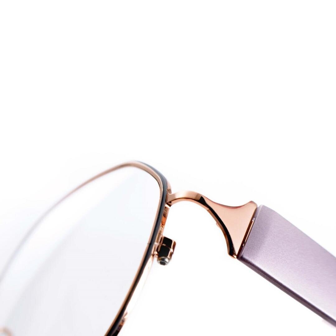 Close-up of the side and nose bridge of metal eyeglasses with thin, round rims and a sleek, modern design set against a white background.