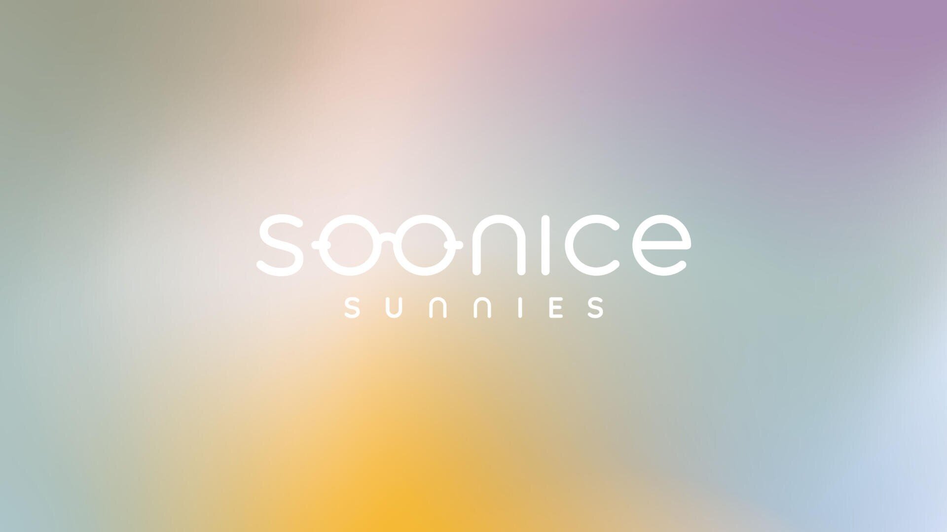 White text on a pastel gradient background reads soonnice sunnies, with two interlocking circles resembling glasses forming the double o in soonnice.