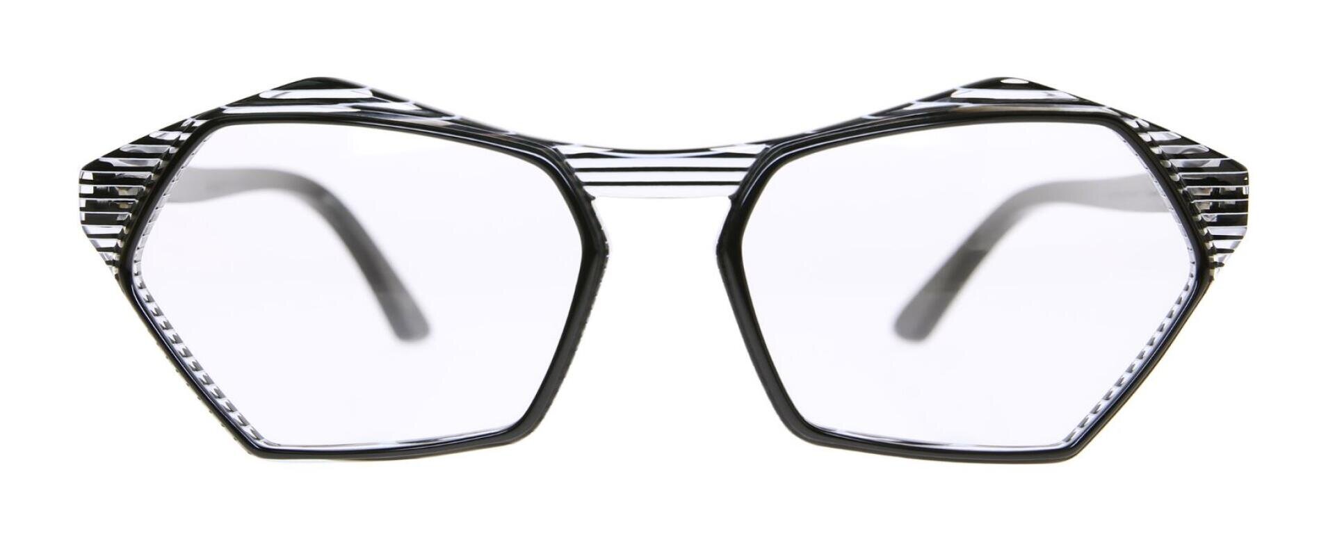 Fünfeckige Brille mit klaren Gläsern und einem schwarz-weißen Streifenmuster entlang des Rahmens, von vorne betrachtet vor einem weißen Hintergrund.