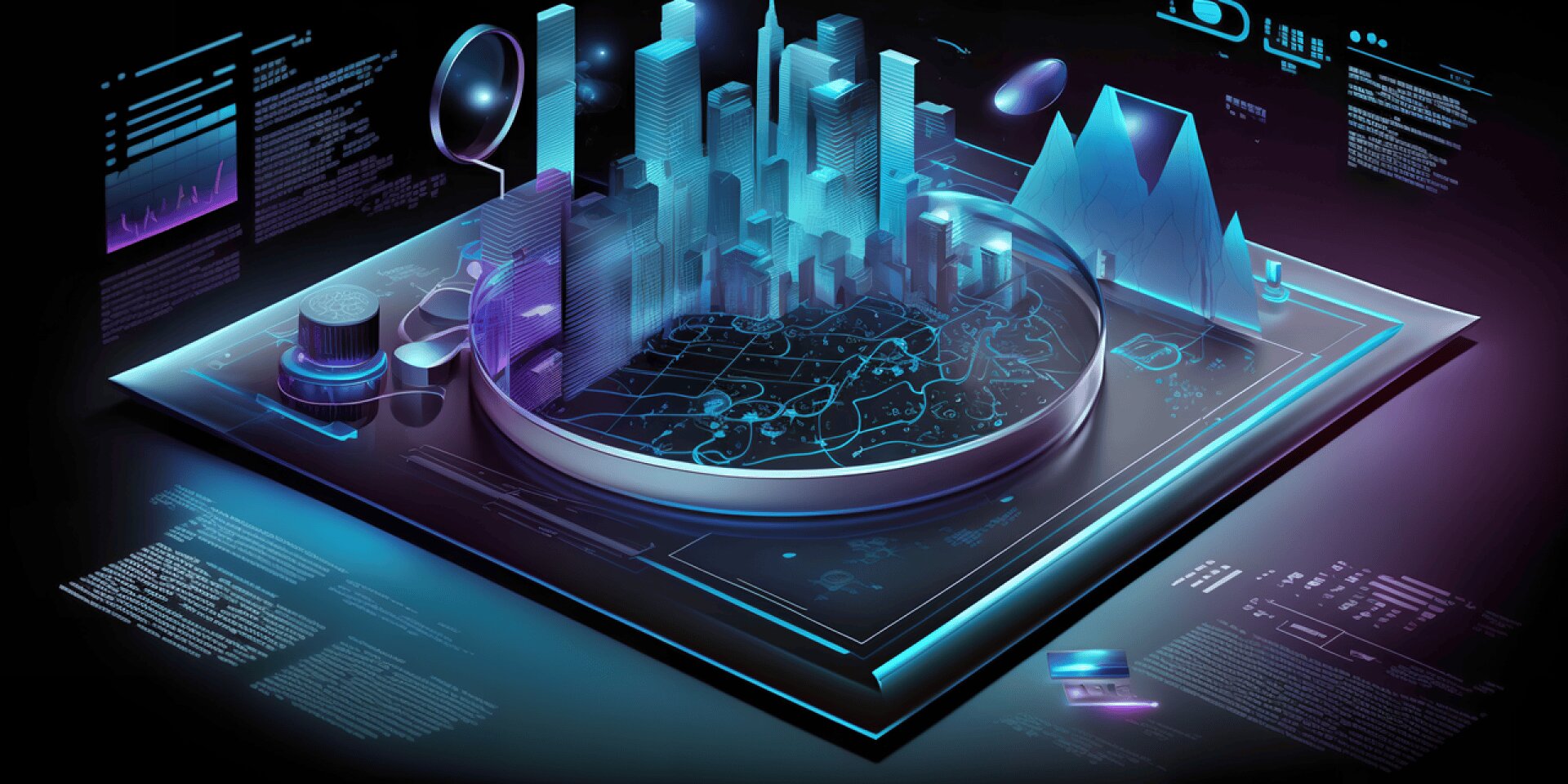 Futuristische digitale Illustration einer Stadtlandschaft über einer interaktiven Karte, umgeben von leuchtenden holografischen Graphen, Schaltflächen und Datentafeln in Blau- und Lilatönen, die auf fortschrittliche Technologie und Datenanalyse hinweisen.