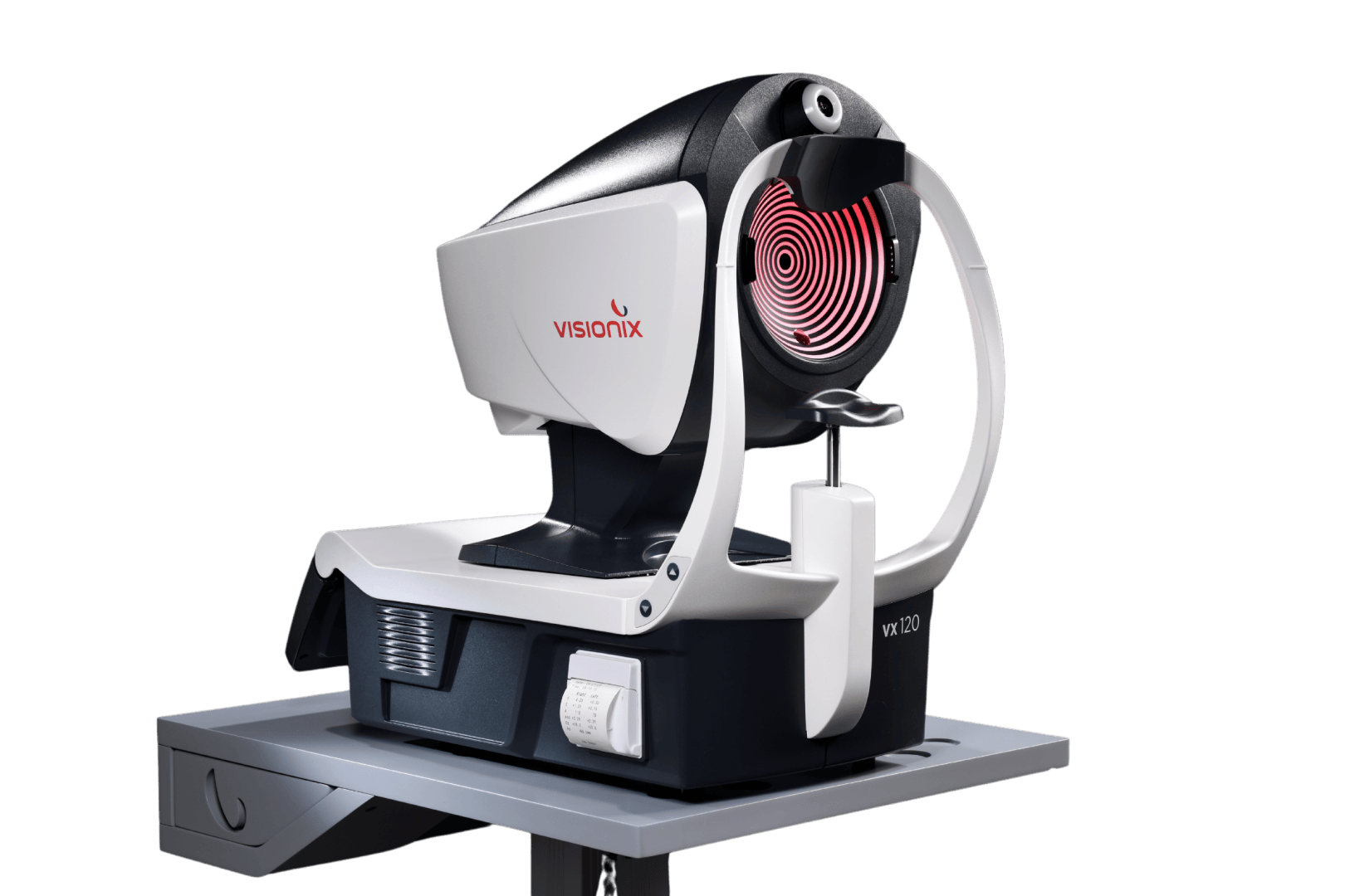Ein modernes Sehuntersuchungsgerät von Visionix mit einem kreisförmigen rot-weißen Muster, das auf einem Tisch montiert ist und für Sehtests und Augendiagnostik verwendet wird.