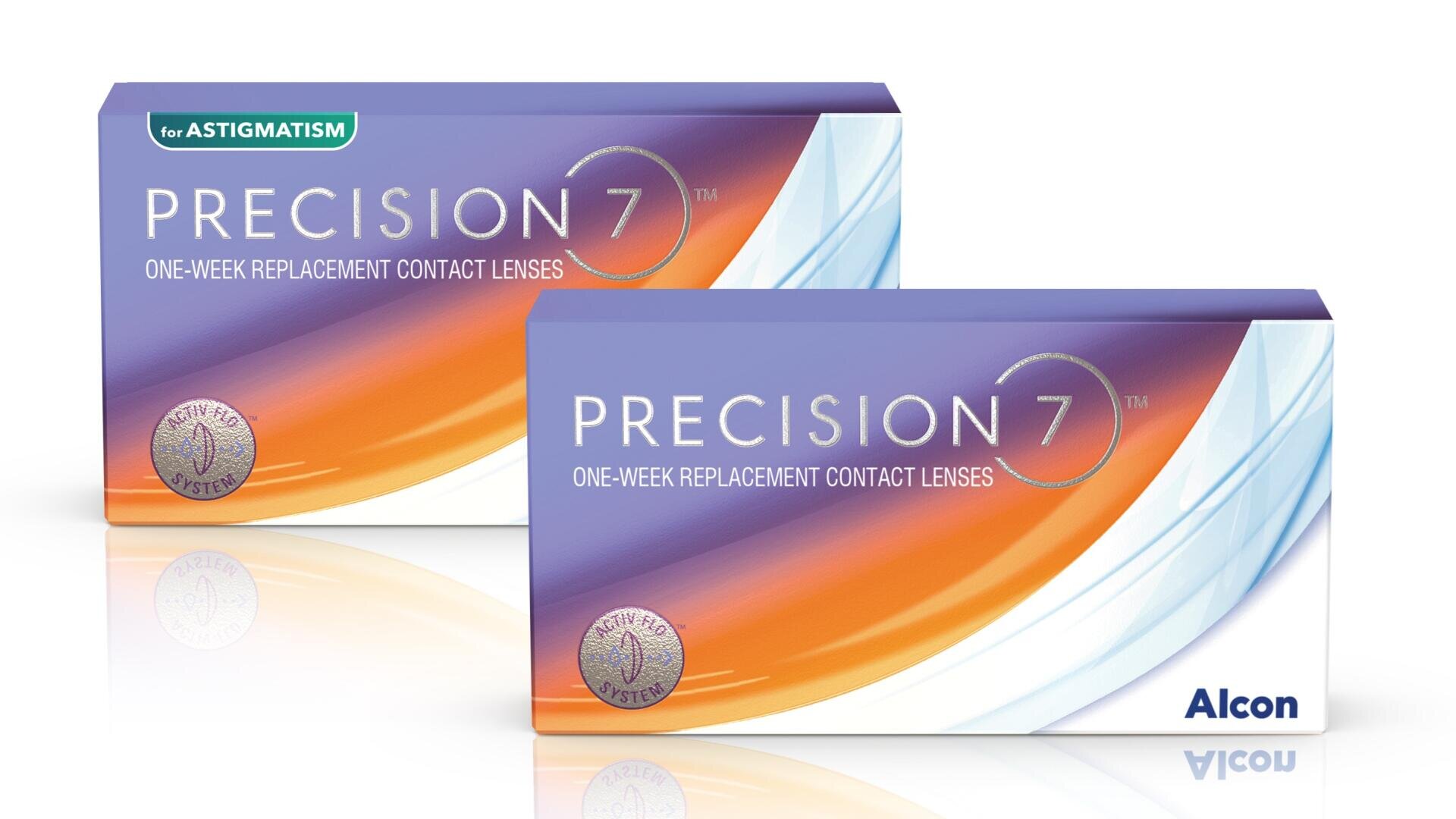 Zwei Schachteln Precision 7 Ein-Wochen-Austausch-Kontaktlinsen von Alcon, mit lila und orangefarbenem Verlaufsdesign. Eine Schachtel ist in der oberen linken Ecke in grüner Farbe mit ASTIGMATISM beschriftet.