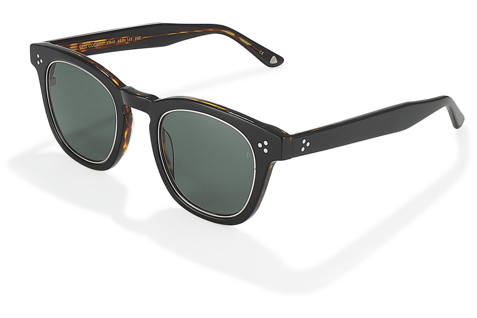 A pair of black rectangular sunglasses with green tinted lenses and subtle tortoiseshell pattern on the temples, shown on a white background.