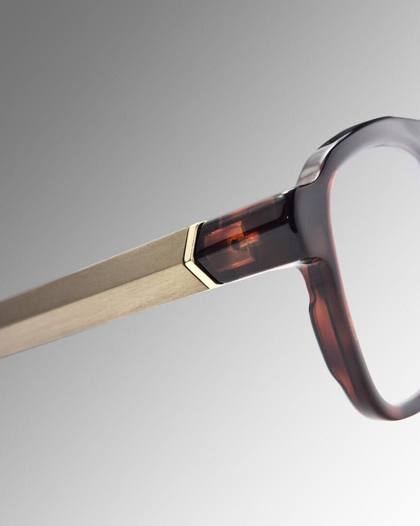 Nahaufnahme der Seite einer Brille mit einem durchscheinenden braunen Kunststoffrahmen und goldenen Metallbügeln vor einem Hintergrund mit grauem Farbverlauf.