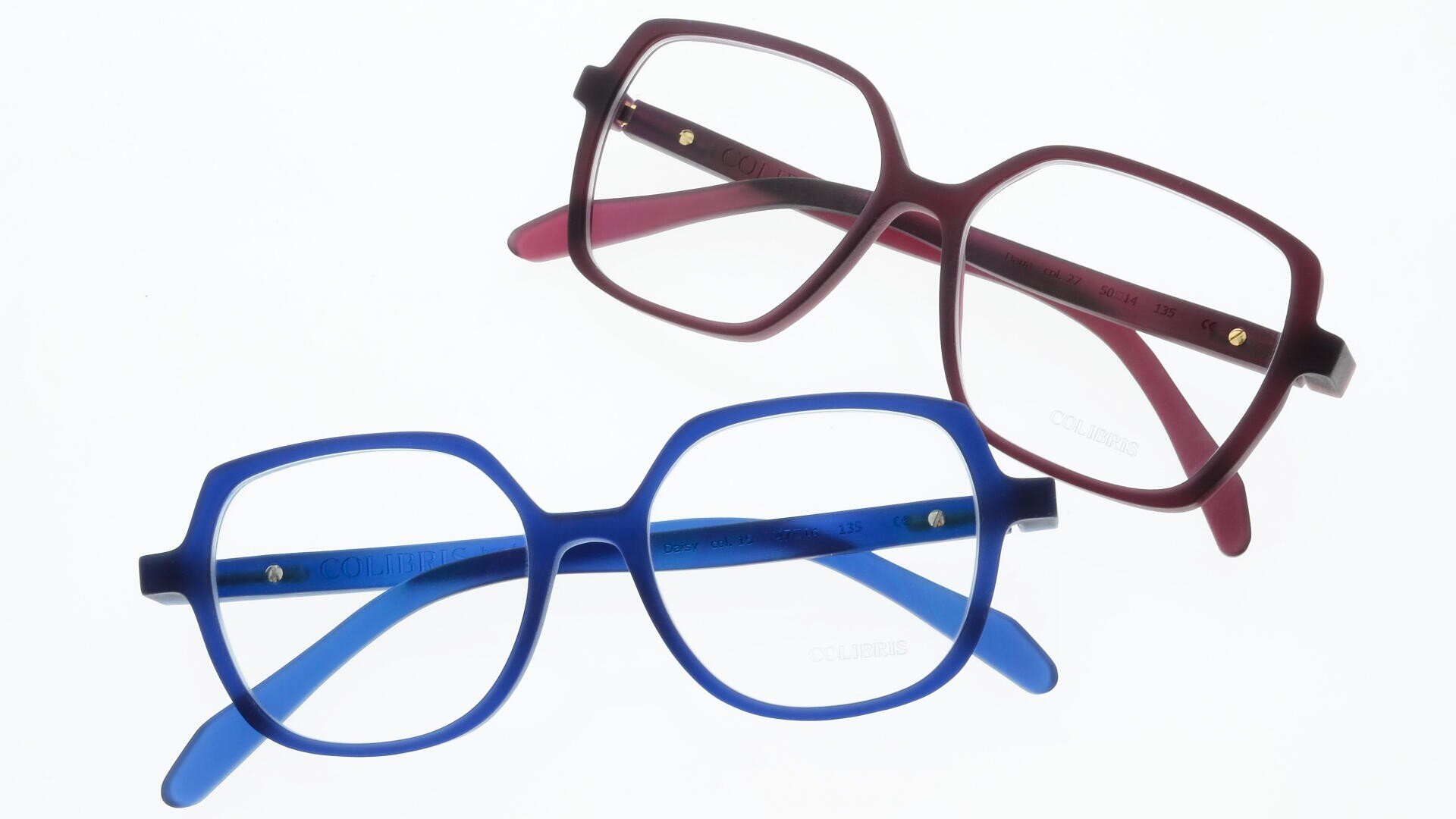 Two pairs of eyeglasses, one with a blue frame and one with a burgundy frame, are displayed on a white background. Both have square-shaped lenses and metal rivets on the hinges.