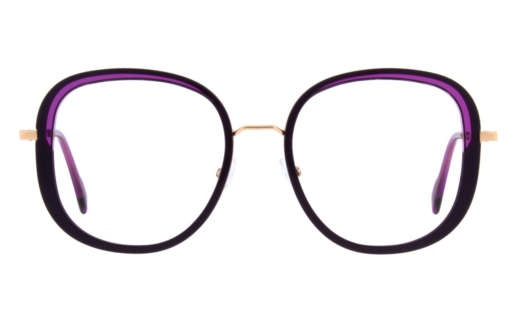 A pair of round spectacles with black and purple frames, golden bridge and golden temples, seen from the front on a white background.