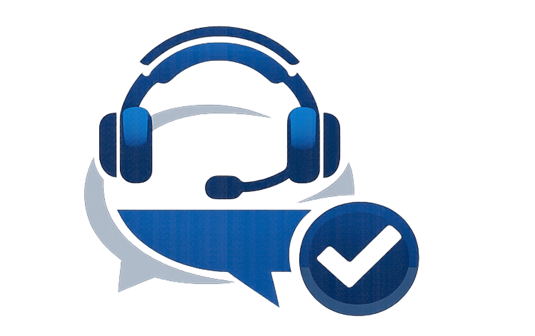 Ein blaues Headset mit Mikrofon ist über Sprechblasen abgebildet, daneben ein großes Häkchen, das den Kundensupport oder genehmigte Kommunikationsdienste symbolisiert.