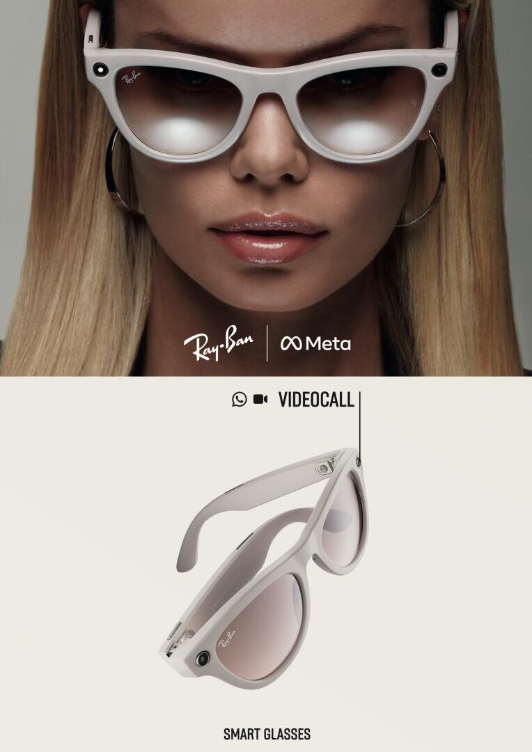Das obere Bild zeigt eine Frau mit weißen Ray-Ban Smart Glasses. Das untere Bild zeigt die Brille allein und hebt ihre Kamerafunktionen und die Videoanruffunktion hervor. Der Text lautet „Ray-Ban Meta Smart Glasses“.
