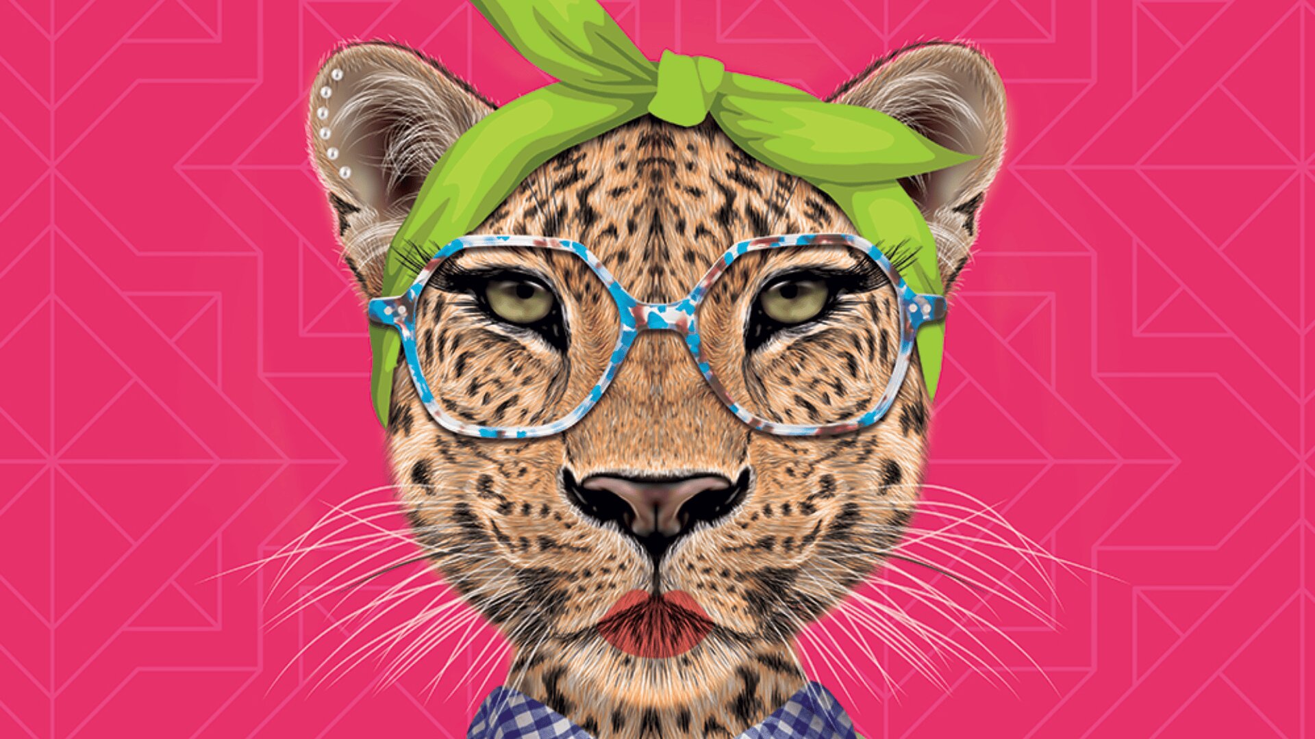 Illustration eines Leoparden mit blauer Brille, grünem Kopftuch und blau kariertem Hemd vor einem rosa geometrischen Hintergrund.
