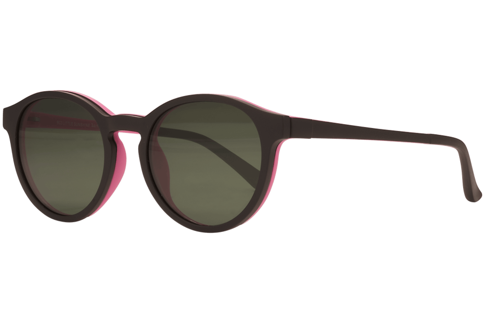 Eine runde Sonnenbrille mit dunklen Gläsern, schwarzem Rahmen und dezenten rosa Akzenten an den Innenrändern, schräg auf einem unifarbenen Hintergrund dargestellt.