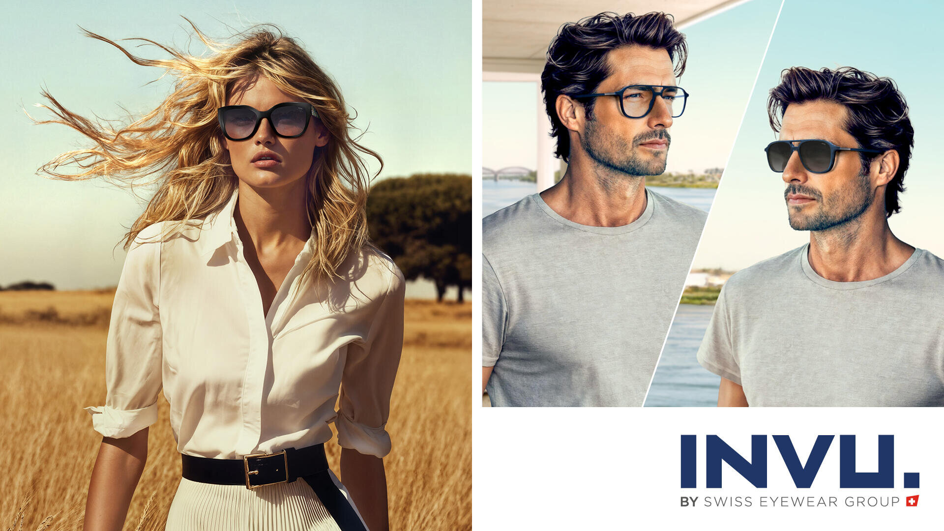 Eine Frau mit Sonnenbrille steht in einem sonnigen Feld, während ein Mann mit Sonnenbrille in zwei modernen, stilvollen Umgebungen erscheint. Das Logo von INVU by Swiss Eyewear Group befindet sich unten rechts.
