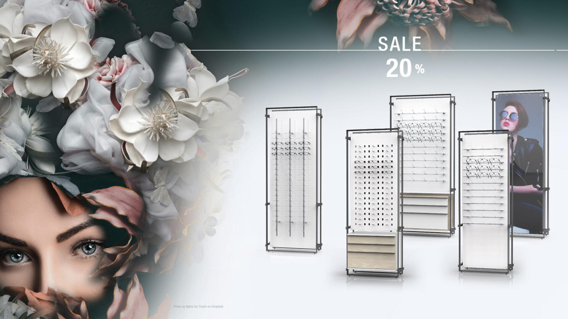 Links blickt eine Frau mit Blumenkopfschmuck nach vorne, während rechts Brillenständer und eine stilvoll gekleidete Frau mit Sonnenbrille zu sehen sind. Der Text lautet „SALE 20 %“.