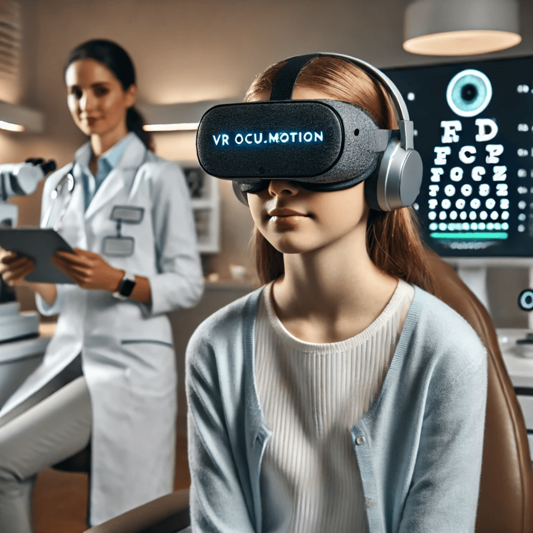 Ein junges Mädchen, das ein VR-Headset und Kopfhörer trägt, sitzt in einer Augenklinik, mit einer Augentabelle und einer Optometristin, die ein Tablet im Hintergrund hält.