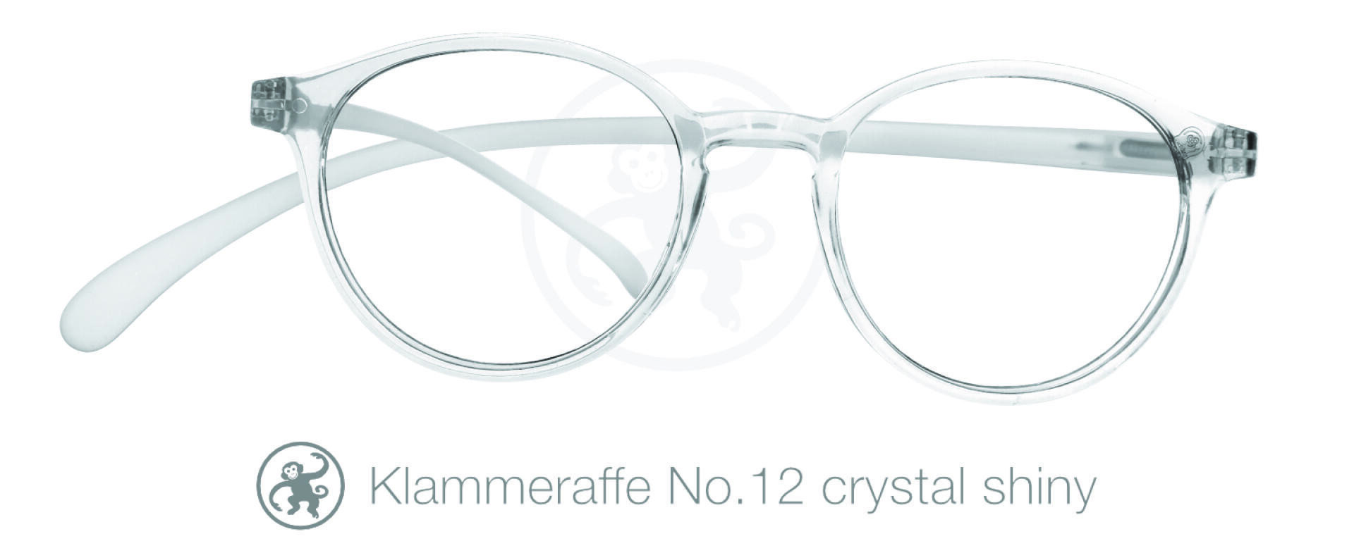 Clear round eyeglasses with a shiny crystal finish, viewed from the front. Below is text reading Klammeraffe No. 12 crystal shiny and a small monkey logo.