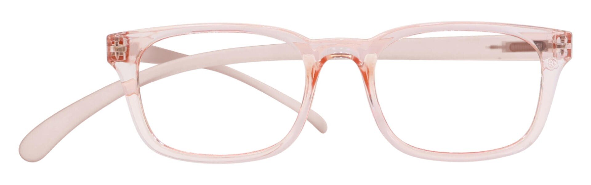 Eine rechteckige Brille mit transparentem, blassrosa Gestell und passenden Bügeln, von vorne gesehen mit eingeklapptem Bügel.