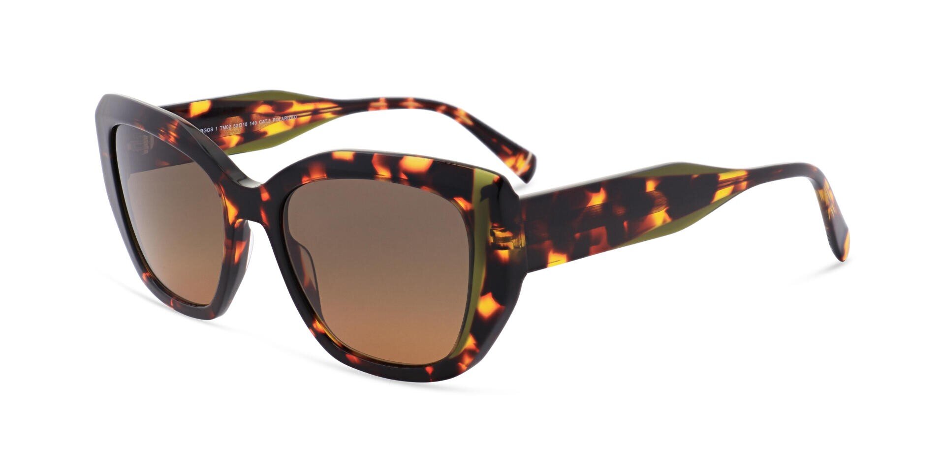 Sonnenbrille mit Schildpattmuster, dickem, eckigem Rahmen und braunen Verlaufsgläsern, dargestellt in einem Dreiviertelwinkel auf weißem Hintergrund.