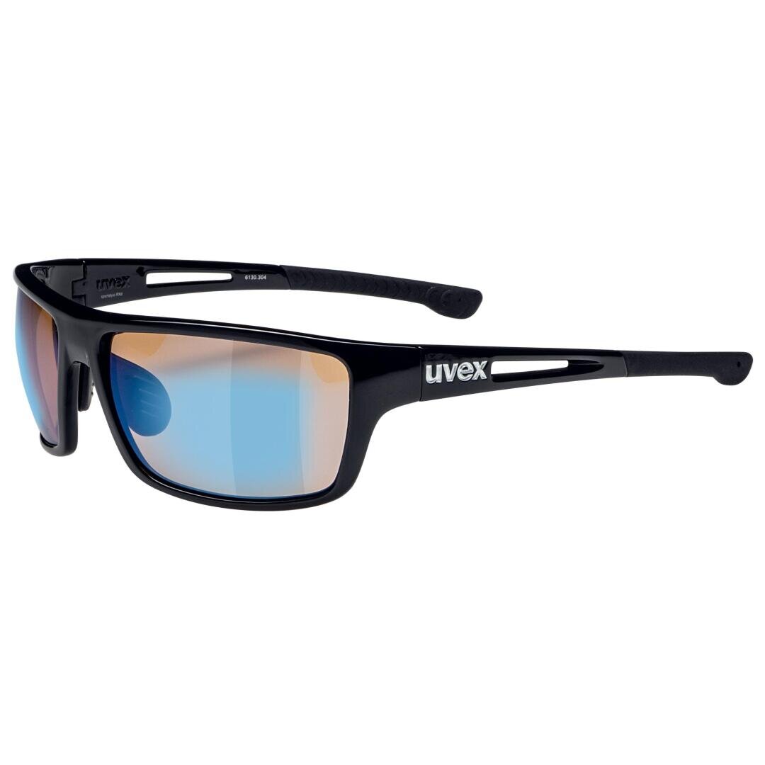 Schwarze UVEX-Sportsonnenbrille mit blau verspiegelten Gläsern und schlankem Rahmendesign mit weißem UVEX-Logo an der Seite des Bügels. Die Bügel haben ausgeschnittene Details und strukturierte Griffe.
