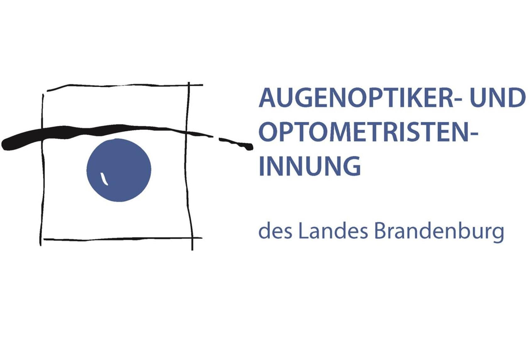 Logo mit abstrakter Zeichnung eines blauen Kreises und schwarzer Linie darüber, daneben der Text "AUGENOPTIKER- UND OPTOMETRISTEN-INNUNG des Landes Brandenburg.".