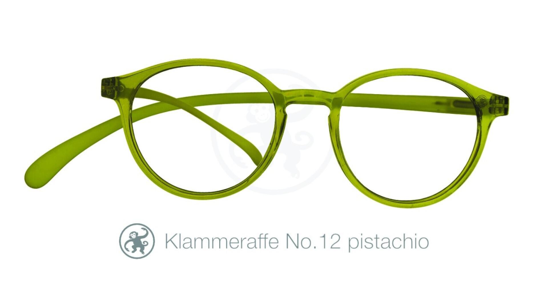 Hellgrüne, runde Brille mit dünnem Rahmen. Unter der Brille steht der Text „Klammeraffe Nr. 12 Pistazie“ mit einem kleinen runden Logo mit einem Affensymbol.