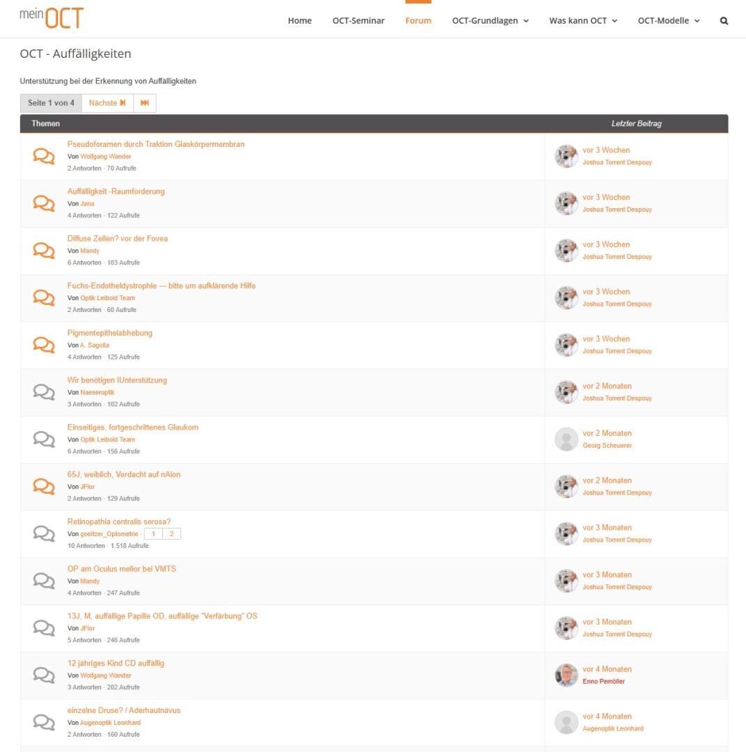 Eine Webseite mit dem Titel OCT - Auffälligkeiten zeigt ein Forum mit Themen zu OCT-Anomalien, einschließlich Beiträgen, Benutzersymbolen, Anzahl der Diskussionen und Navigationsoptionen im oberen Bereich. Die Oberfläche ist hauptsächlich in Weiß und Orange gehalten.