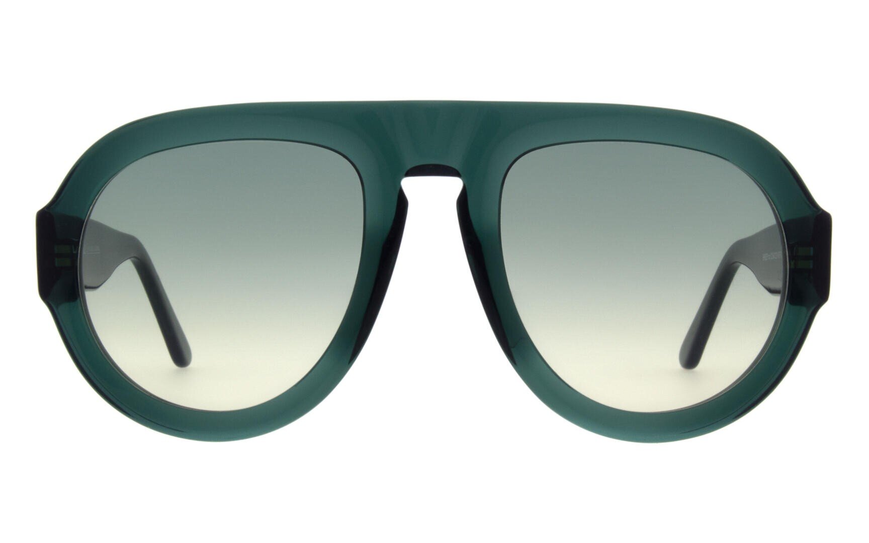 Oversized, green-framed sunglasses with large, slightly rounded lenses and a color gradient from dark at the top to lighter at the bottom, facing forwards against a white background.
