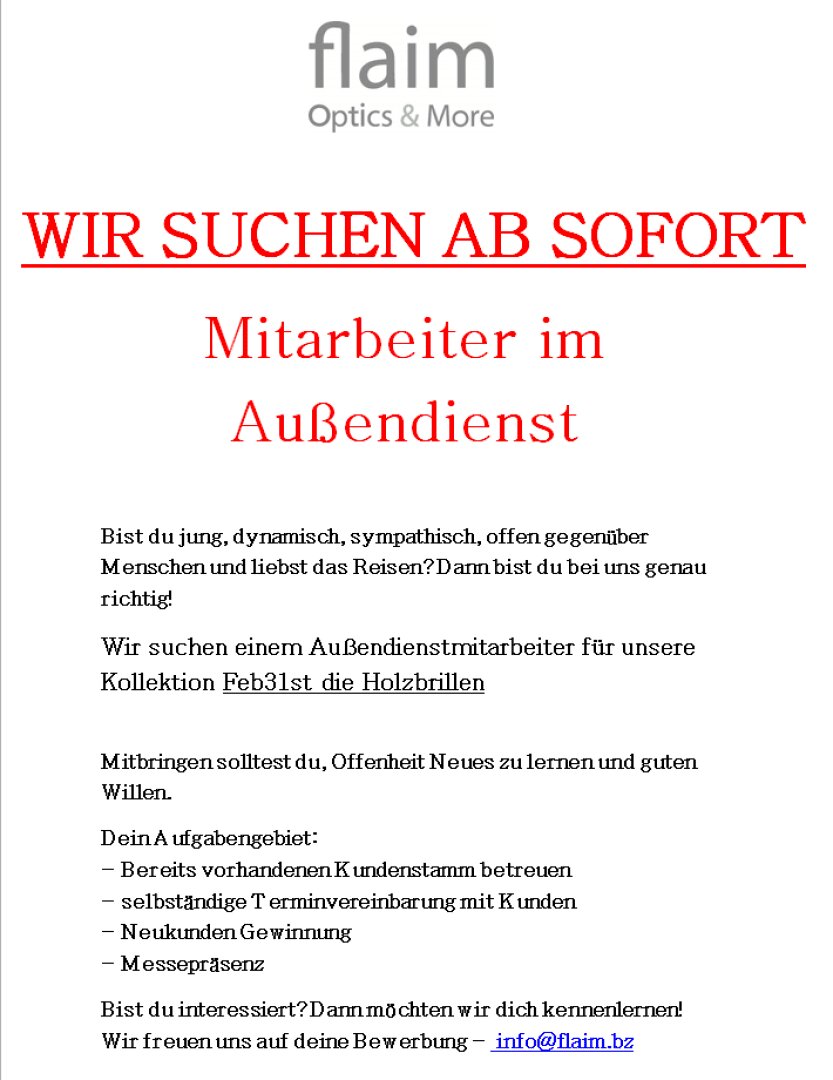 Eine Stellenanzeige in deutscher Sprache von Flaim Optics & More, die einen Außendienstmitarbeiter sucht. Die Anzeige besteht hauptsächlich aus rotem und schwarzem Text, in dem Qualifikationen, Verantwortlichkeiten und Kontaktinformationen aufgeführt sind.