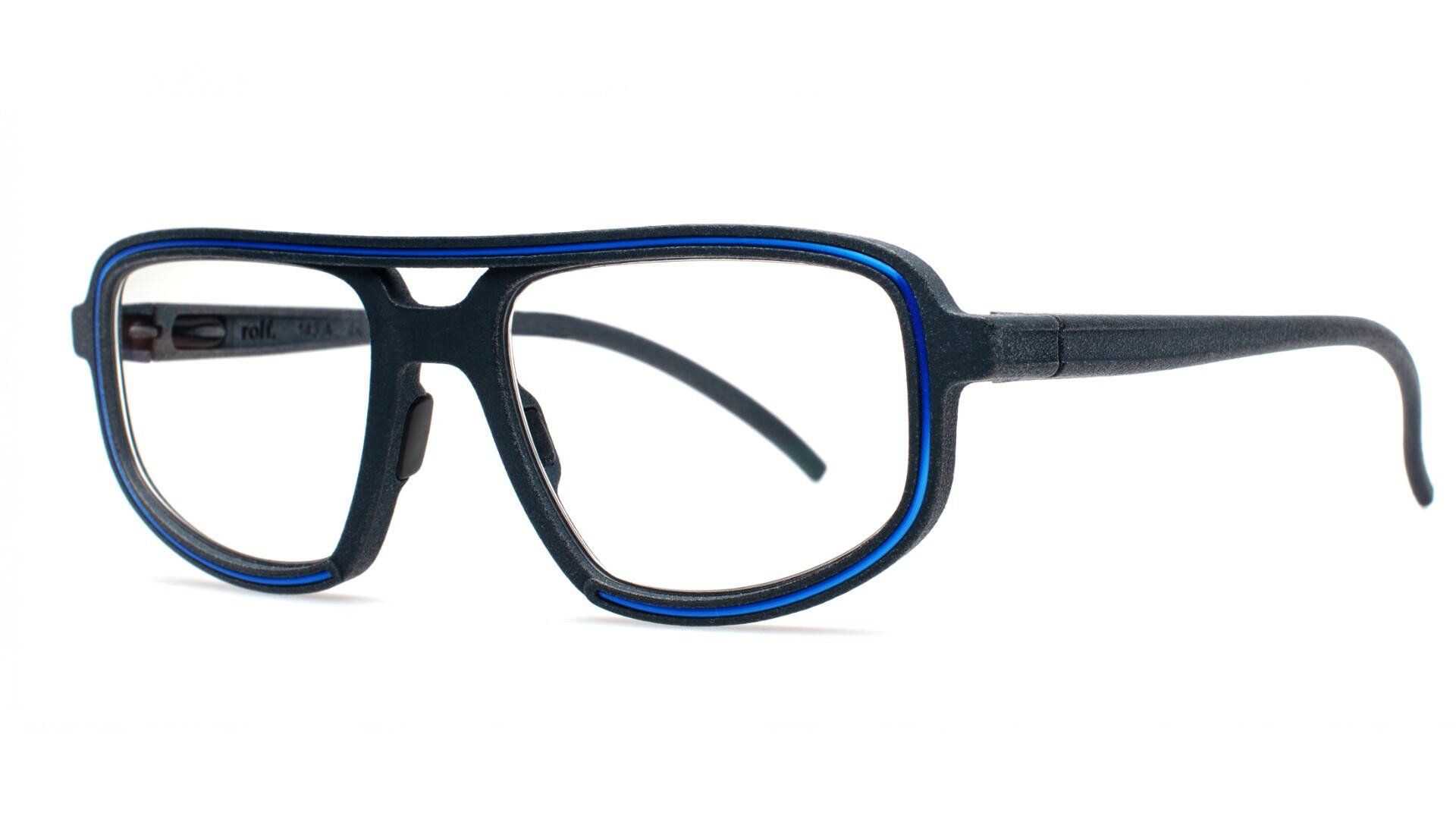 Black rectangular eyeglasses with thick frames, featuring a subtle blue outline around the edges, displayed on a white background.
