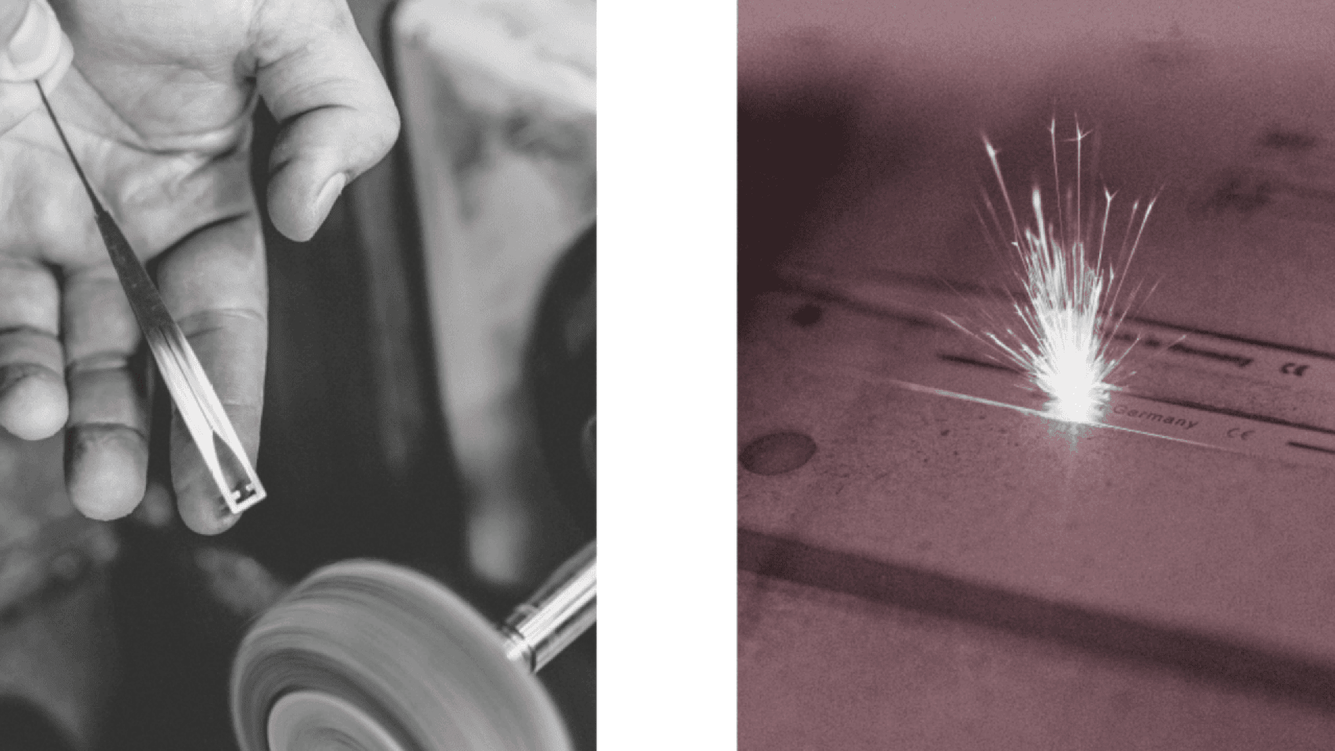 A hand holds metal tweezers near a rotating grinding wheel on the left; on the right, bright sparks fly from a laser engraving metal.
