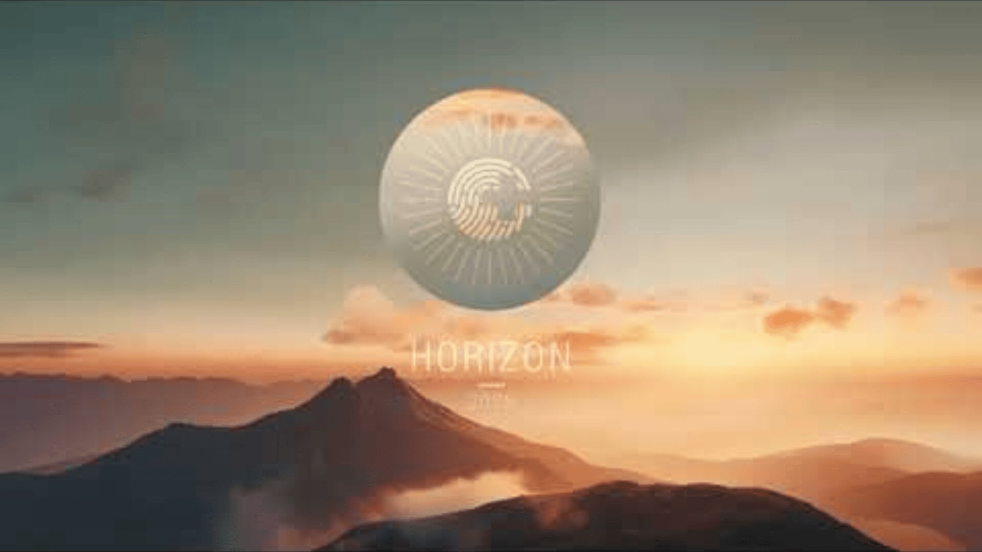 A serene mountain landscape at sunrise with a pastel sky. Overlaid is a circular logo featuring a stylized fingerprint and lines, with the word HORIZON and smaller text beneath it at the center of the image.