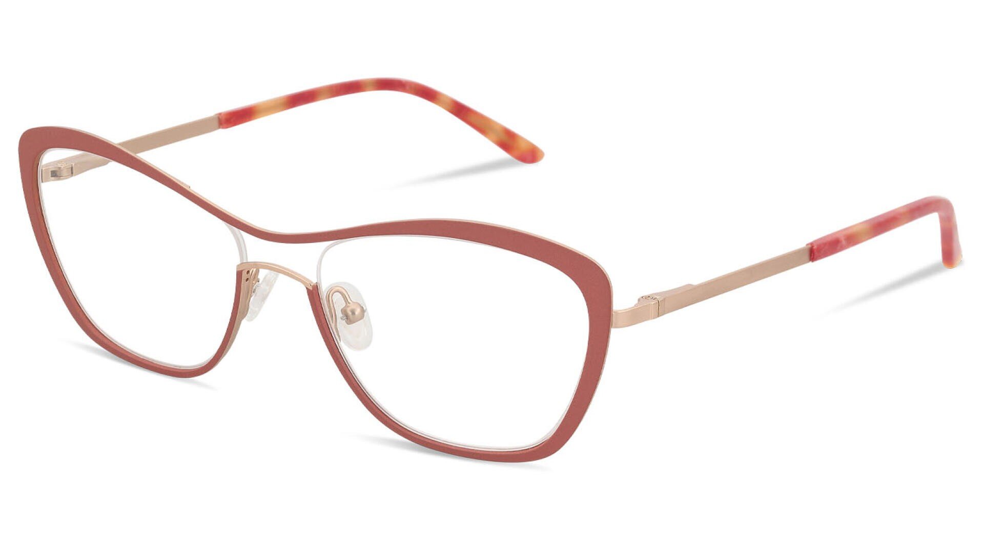 Eine Brille mit großem, lilafarbenem Katzenaugenrahmen und dünnen, goldenen Metallbügeln. Die Bügelenden sind mit Rot-, Gelb- und Orangetönen marmoriert.