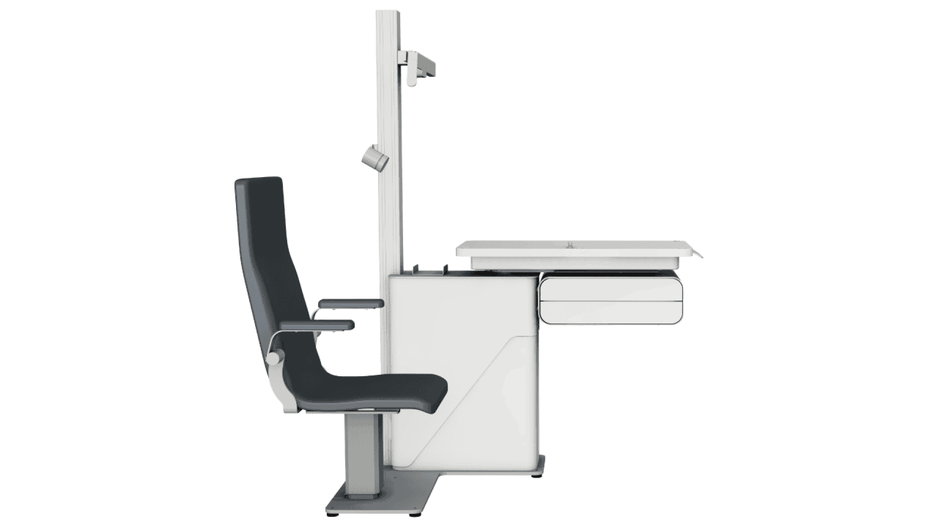 Side view of an ophthalmic examination chair and unit, featuring a black cushioned chair, an adjustable instrument stand, and a white table with a drawer for eye exams or vision tests.