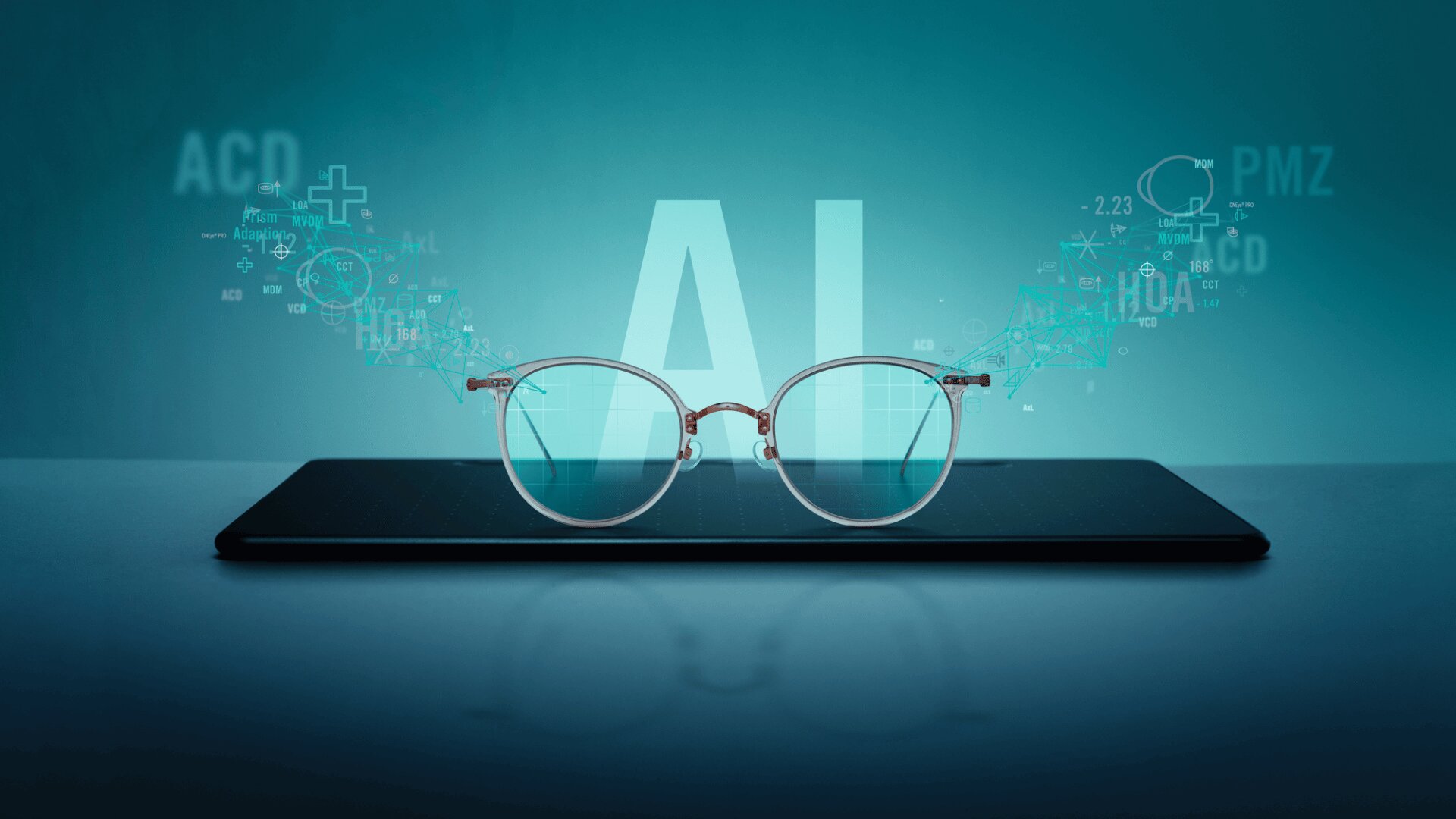 A pair of eyeglasses rests on a closed laptop with a blue background. Large glowing AI letters appear behind the glasses, surrounded by digital icons and symbols, conveying concepts of technology and artificial intelligence.