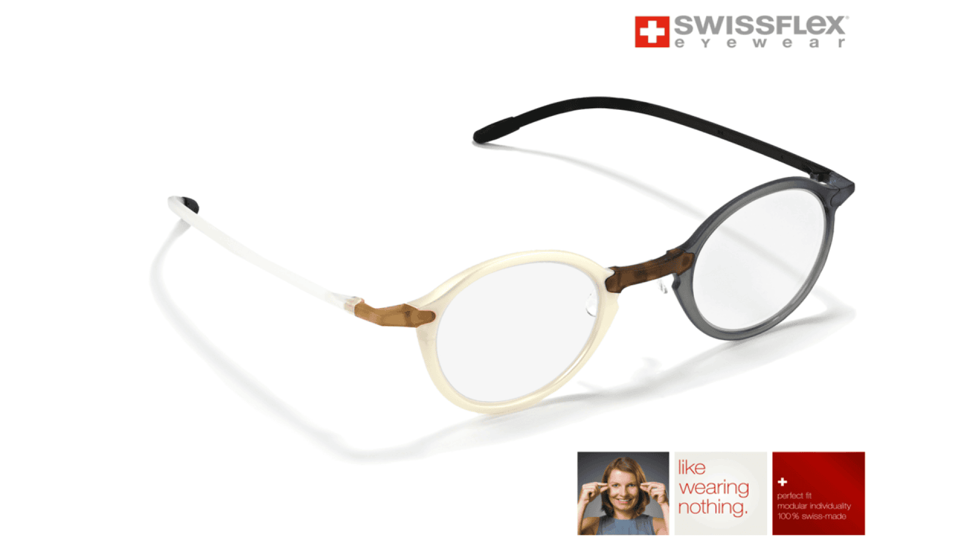 A pair of Swissflex eyewear glasses with round lenses and mismatched frames—one side white and the other dark gray. Logos and branding appear in the top right and bottom right corners.