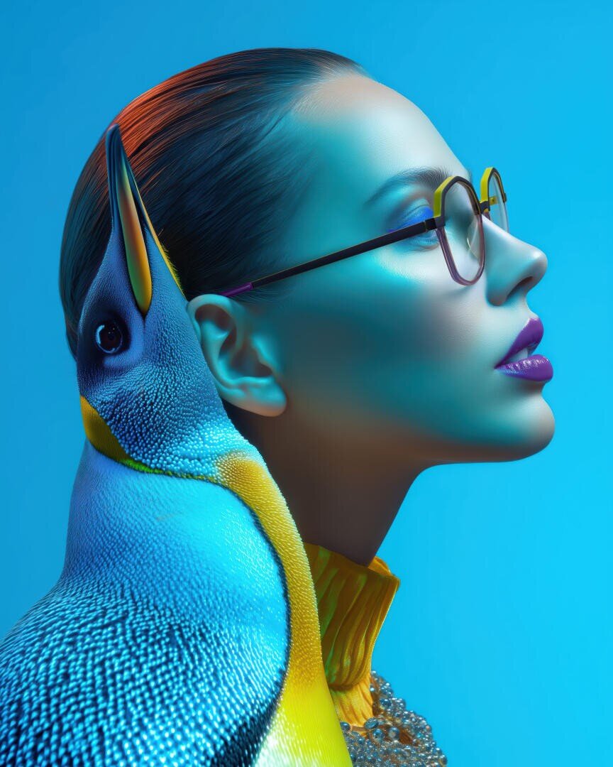 Eine Frau mit Brille und leuchtendem Make-up posiert im Profil neben einem farbenfrohen Pinguin vor einem blauen Hintergrund, wobei ihre Gesichter dicht beieinander liegen und eine surreale, künstlerische Komposition ergeben.