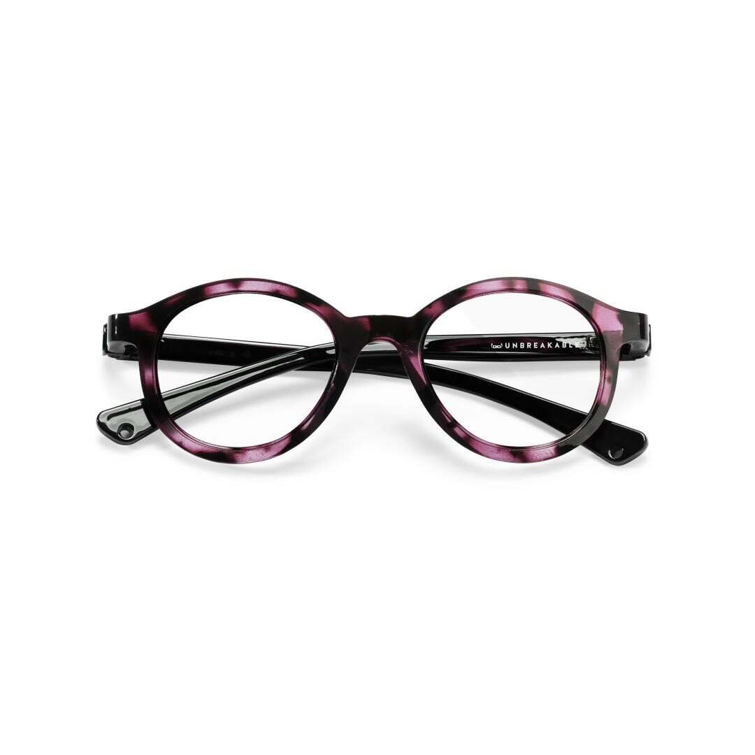 Runde Brille mit dunkelviolett und schwarz marmoriertem Rahmen, von vorne gezeigt, mit leicht hinter den Gläsern verschränkten Bügeln.