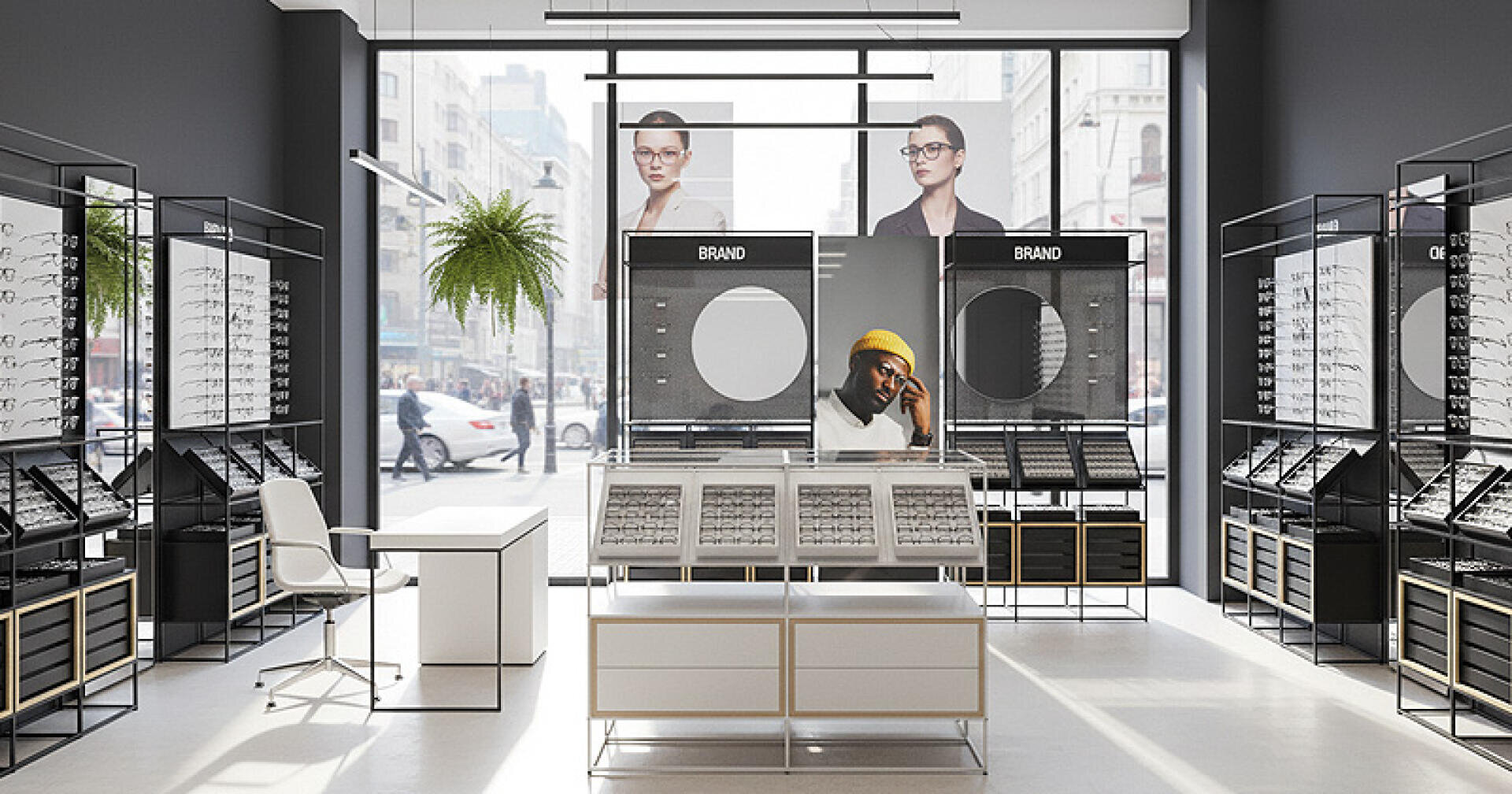 A modern eyewear store with shelves of different frames, a white desk and chair, large windows showing a busy street and posters of spectacle wearers on the walls.