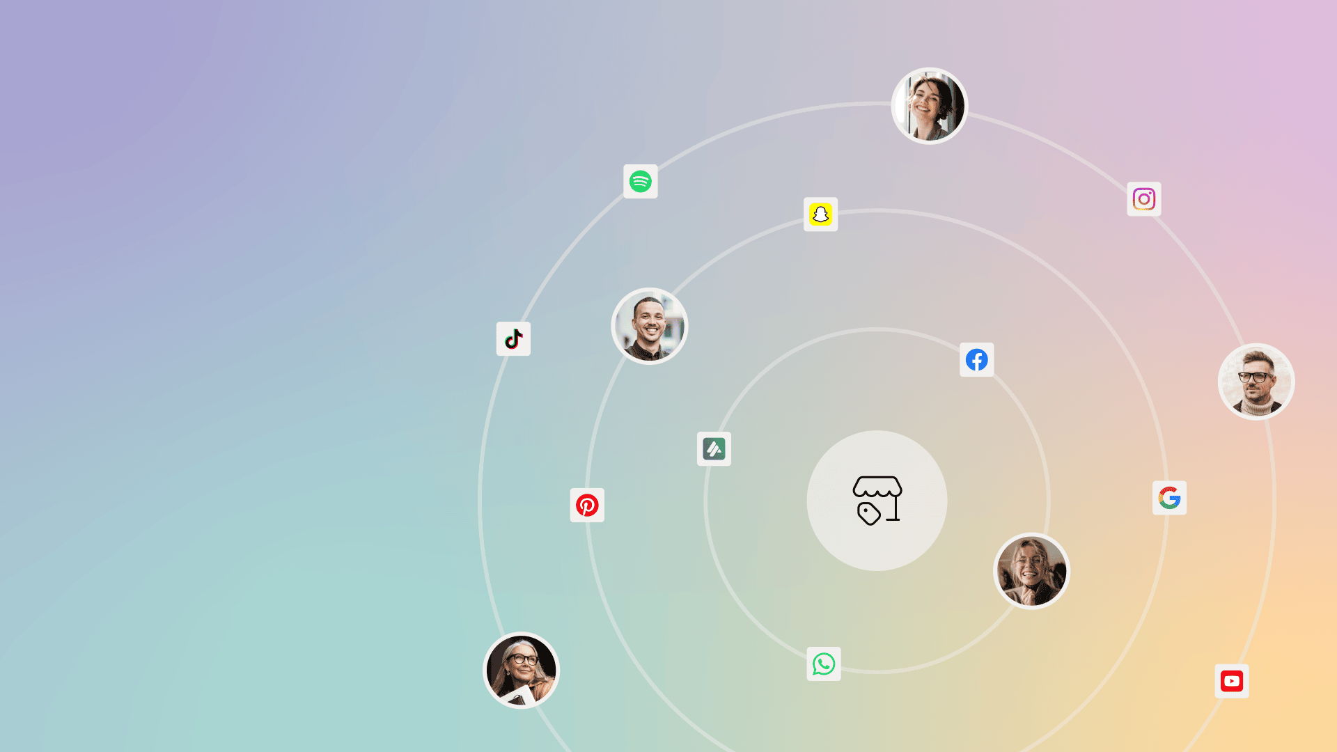 Ein Hintergrund mit Farbverlauf und konzentrischen Kreisen, die von einem Schaufenstersymbol ausgehen. Profilfotos und Symbole für soziale Medien wie Instagram, TikTok, YouTube und WhatsApp sind um die Kreise herum angeordnet.