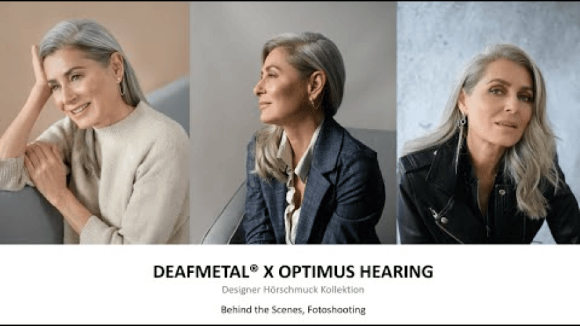 Eine stylische ältere Frau mit grauem Haar posiert in drei verschiedenen Outfits – beigem Pullover, grauem Top mit Blazer und schwarzer Lederjacke – und wirbt für DEAFMETAL® X OPTIMUS HEARING. Der folgende Text erwähnt ein Fotoshooting hinter den Kulissen.