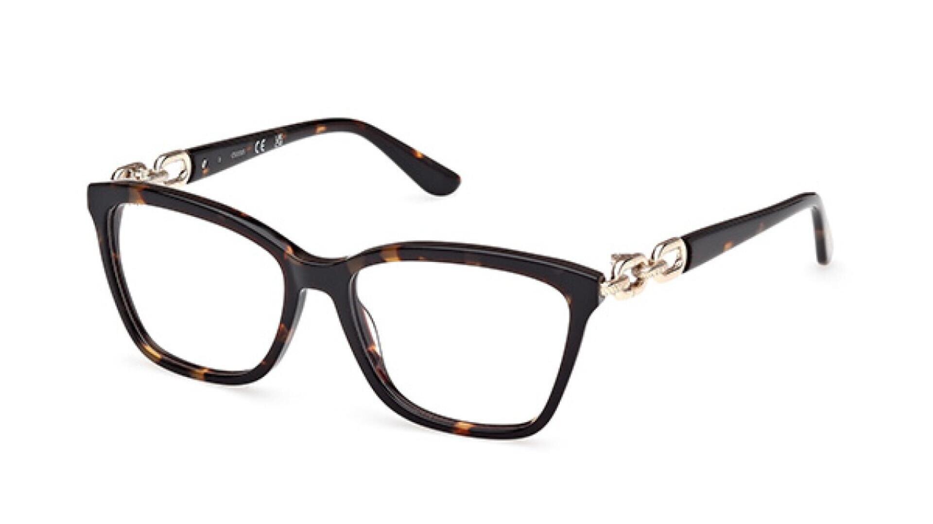 A pair of rectangular eyeglasses with dark tortoiseshell frames and gold chain detailing on the arms.
