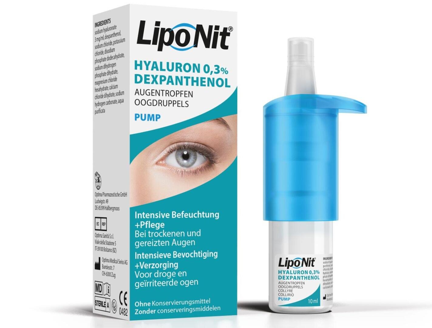 Box and bottle of LipoNit eye drops with a blue pump dispenser. The box features an eye, the product name and a description in German and Dutch highlighting the hydration for dry, irritated eyes.