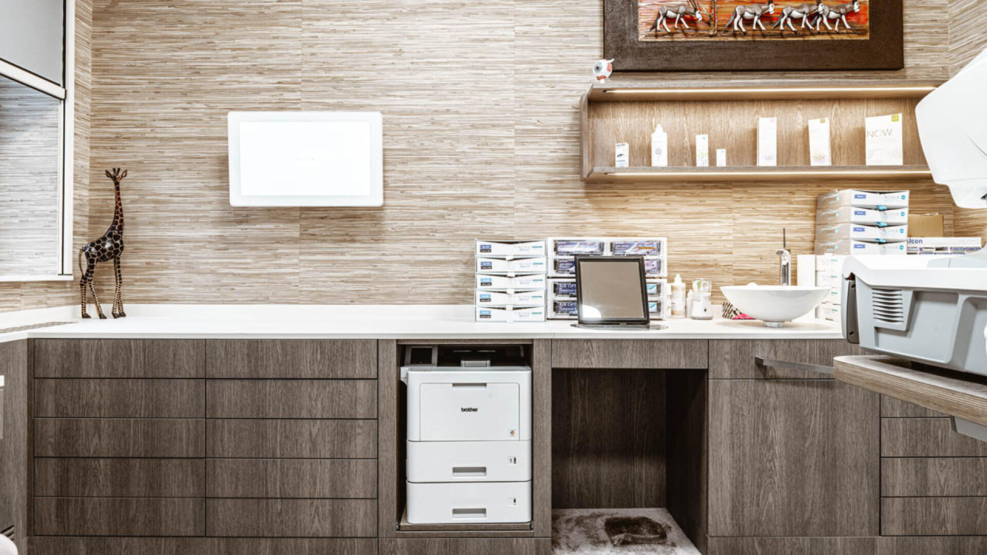 Modernes medizinisches oder zahnmedizinisches Büro mit Holzschränken, einer Arbeitsplatte mit verschiedenen Materialien, einem kleinen Waschbecken, ordentlich gestapelten Kisten, einem gerahmten Bild und einer dekorativen Giraffenskulptur auf der linken Seite.