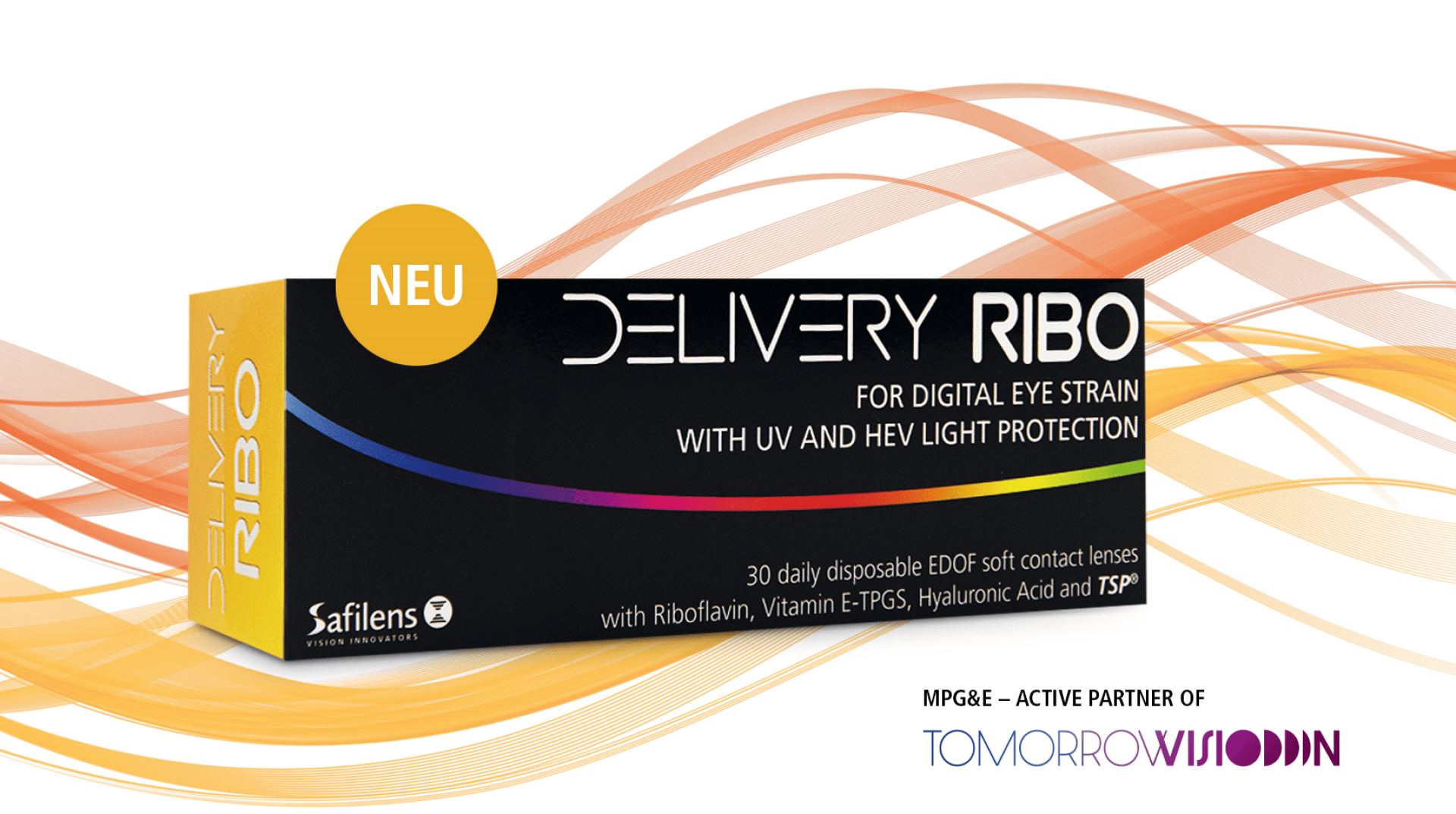 Eine Schachtel DELIVERY RIBO Tageskontaktlinsen für digitale Augenbelastung mit UV- und HEV-Lichtschutz. Die Verpackung zeigt bunte Wellen und das Wort NEU in einem gelben Kreis.