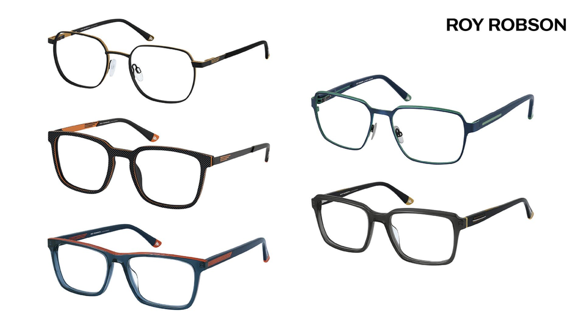 Fünf Paar stilvolle Brillen mit verschiedenen Rahmenformen und -farben, dargestellt auf weißem Hintergrund. Der Markenname ROY ROBSON steht in der oberen rechten Ecke.